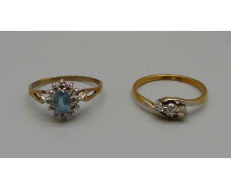 An 18ct gold and diamond ring, 2.1g, O, and a 9ct gold cluster ring, 1.5g, O 