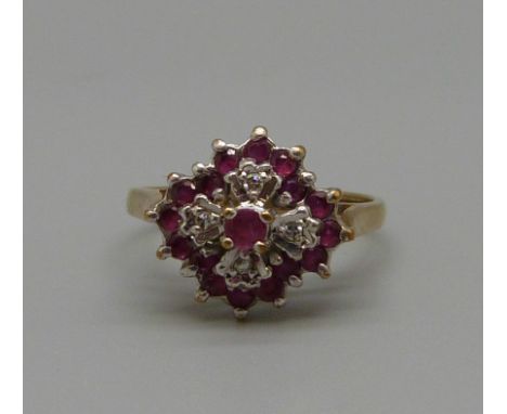 A 9ct gold, diamond and red stone ring, 3g, O 