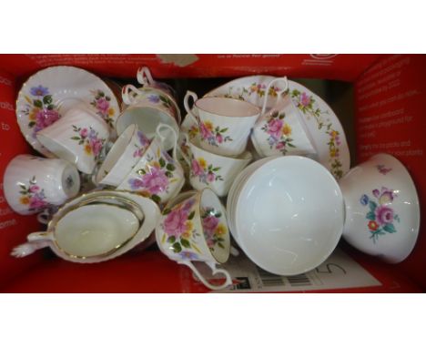 Royal Sutherland cups, saucers and tea plates, seven Spode cereal bowls, a Royal Albert Beatrice gravy boat and stand and twe