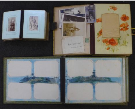 A Japanese photograph album set with mother of pearl, a/f and two carte de visite albums, one with Queen Victoria 