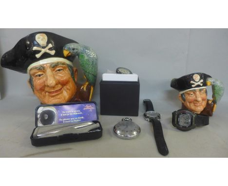 Two Royal Doulton character jugs, large and small, a Fisher Space Pen in original box and a collection of wristwatches includ