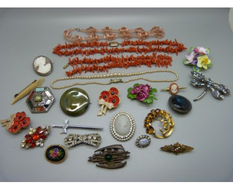 Two coral necklaces, a glass bead Art Deco style necklace and other vintage jewellery, (one coral necklace requires fastener)
