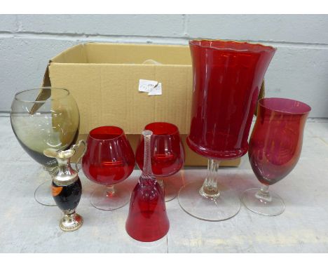 A ruby glass vase and other ruby glass, wine and other glasses and a box of china including a Crown Ming tea and dinner servi