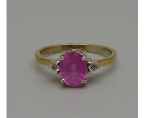 A yellow metal, ruby and white stone ring, 2.4g, O 