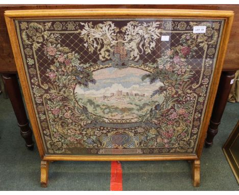 A 1953 Coronation fire screen, inset tapestry panel depicting Windsor Castle