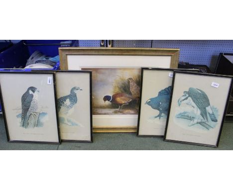 A. Churchill signed limited edition print "Pheasant of Overbury" with four birds of prey prints.