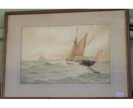R Howe - a water colour of fishing vessels in a squally sea.