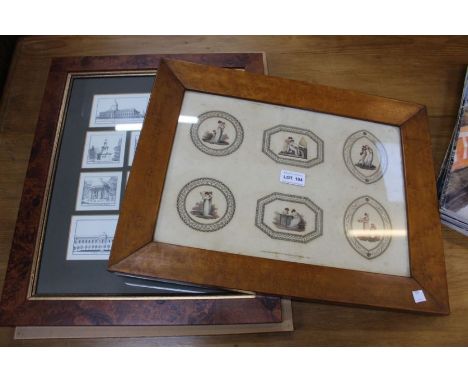 A pair of glazed and framed German architectural montages with a Georgian glazed and framed print depicting six vignettes.