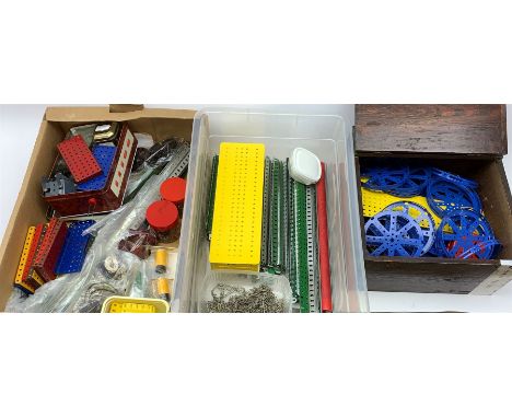 Meccano - large quantity of sections, various colours and ages, including long length angled strips and girders, hub discs, c