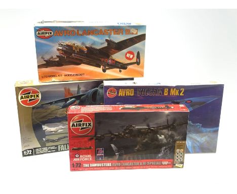 Four Airfix 1/72nd scale military airplane plastic model kits - Avro Vulcan B Mk.2, The Dambusters Avro Lancaster B.III (Spec
