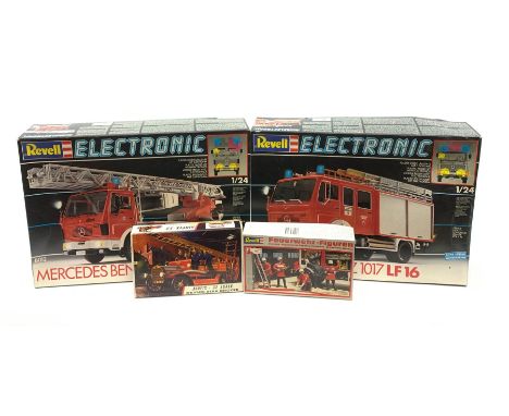 Two Revell Electronic 1/24th scale model kits of fire-engines - Mercedes Benz 1017 LF16 and part constructed Mercedes Benz 14