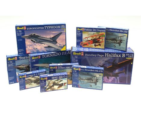 Ten Revell 1/72nd scale plastic model kits of military aircraft including Handley Page Halifax B, Typhoon, two x Tornado, Haw
