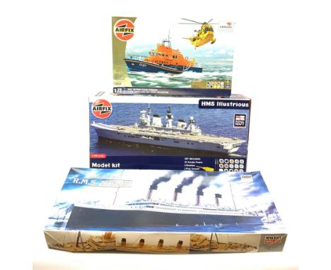 Airfix 1/350th scale model kit of HMS Illustrious, in factory sealed box; Airfix 1/72nd scale model kit of RNLI Severn Class 