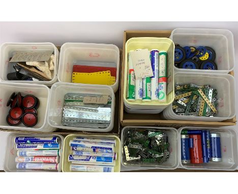 Meccano - large quantity of metal and plastic sections, various colours and ages, well presented and categorised in over fort
