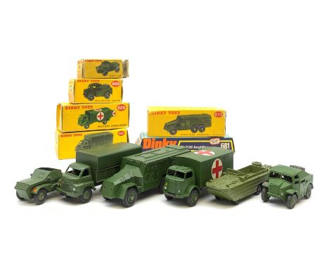Dinky - six military vehicles - Military Ambulance No.626; Armoured Command Vehicle No.677; Field Artillery Tractor No.688; 3