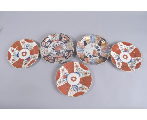 TWO JAPANESE IMARI PORCELAIN PETAL FORM DISHES, together with a set of three other Japanese dishes, (af), (5).