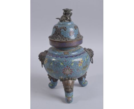 A CHINESE BLUE GROUND CLOISONNE TRIPOD CENSER AND COVER, 30cm high.