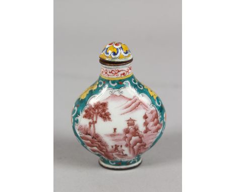 A CHINESE PEKING ENAMEL SNUFF BOTTLE AND STOPPER, finely painted with panels of landscape scenes, 6.5cm high.