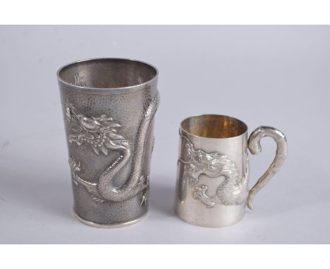 TWO CHINESE HALLMARKED SILVER DRAGON CUPS, tallest 11cm high, (2).