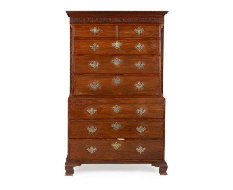 GEORGE III MAHOGANY CHEST-ON-CHEST MID-18TH CENTURY the dentil moulded cornice above a blind fretwork frieze, over two short 