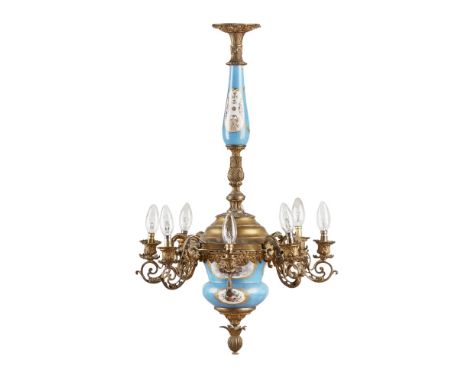 CONTINENTAL PORCELAIN AND GILT METAL MOUNTED EIGHT LIGHT CHANDELIER LATE 19TH CENTURY the central column with a porcelain bal