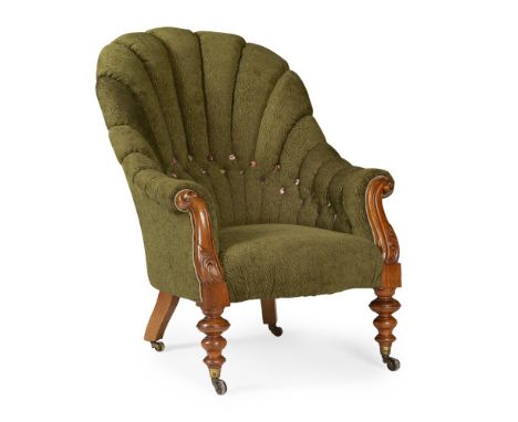 VICTORIAN WALNUT CHANNEL AND BUTTON-UPHOLSTERED ARMCHAIR 19TH CENTURY the arched curved back leading to enclosed sloping arms