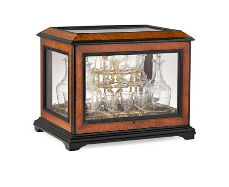 VICTORIAN BURR WALNUT, ROSEWOOD, EBONISED, AND GLAZED DECANTER AND GLASS CASE 19TH CENTURY the five-glass case opening to a g