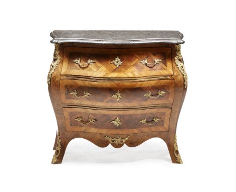 NORTH EUROPEAN KINGWOOD, WALNUT AND PARQUETRY BOMBE COMMODE LATE 19TH CENTURY the grey marble serpentine top with a moulded e