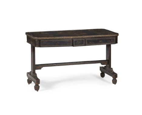 REGENCY JAPANNED SOFA TABLE EARLY 19TH CENTURY the rounded rectangular top with a black leather insert decorated with three c