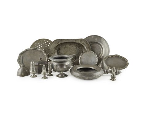 GROUP OF PEWTER TABLE AND HOUSE WARES 18TH AND 19TH CENTURY comprising a bedpan, chamberpot, two funnels, caddy, four casters