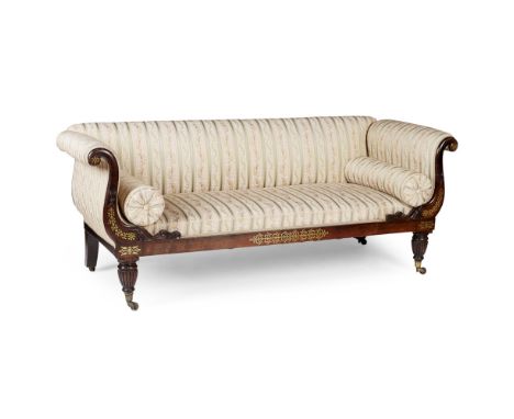 REGENCY ROSEWOOD AND SIMULATED ROSEWOOD BRASS INLAID SOFA EARLY 19TH CENTURY the straight low back and high scrolled arms ove