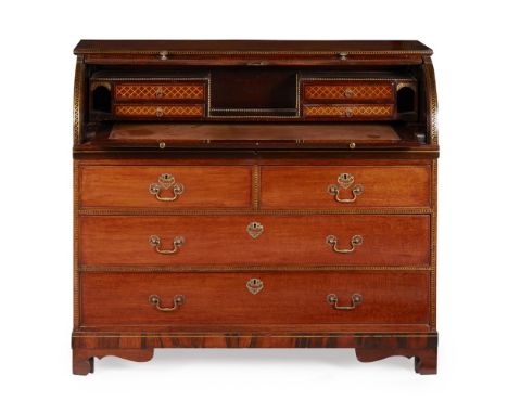 DUTCH MAHOGANY, ROSEWOOD, AND BRASS INLAID CYLINDER BUREAU 19TH CENTURY the cylinder front opening to reveal a fitted interio