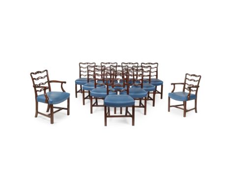 SET OF TWELVE GEORGE III STYLE DINING CHAIRS MODERN comprising ten side chairs and a pair of armchairs, the serpentine ladder