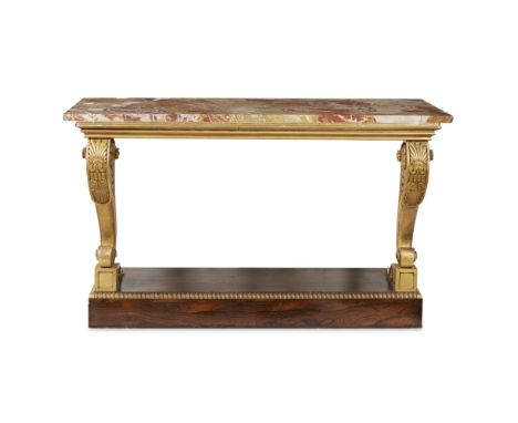 REGENCY ROSEWOOD, PARCEL GILT, MARBLE TOP CONSOLE TABLE 19TH CENTURY AND LATER the rectangular rouge marble top above a mould