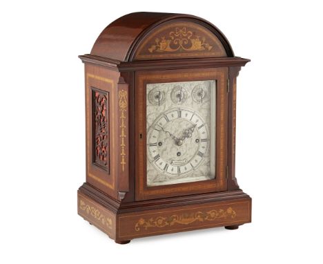 EDWARDIAN MAHOGANY, SATINWOOD, AND INLAID CHIMING BRACKET CLOCK EARLY 20TH CENTURY the domed top inlaid with ribbon swags and