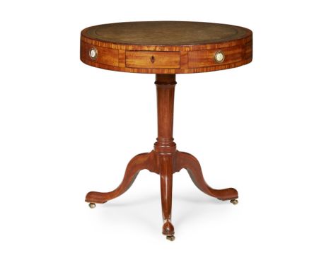 FINE GEORGE III SATINWOOD DRUM TABLE LATE 18TH CENTURY of small size, the circular top with a green leather insert above a fr