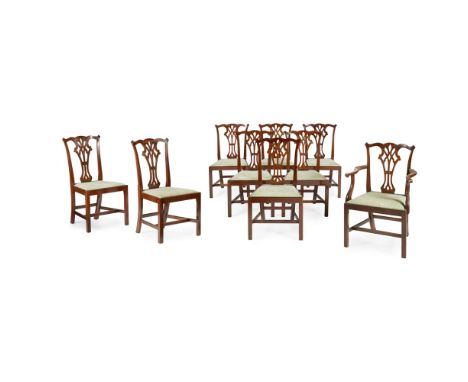 SET OF NINE GEORGE III STYLE MAHOGANY DINING CHAIRS 20TH CENTURY in the Chippendale taste, with pierced interlaced splats abo