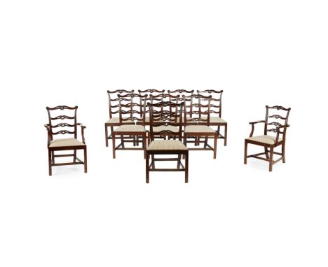 SET OF TEN GEORGE III STYLE MAHOGANY DINING CHAIRS 20TH CENTURY comprising eight side chairs and two armchairs, with pierced 