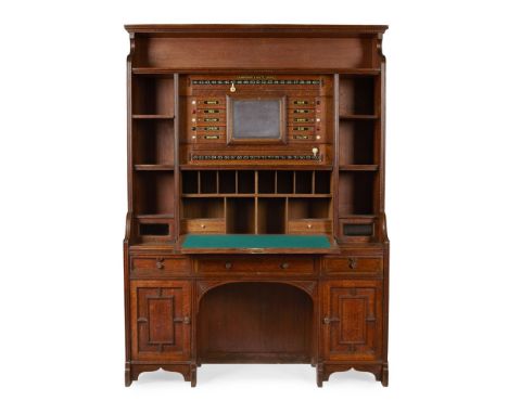 LARGE VICTORIAN OAK SNOOKER SCOREBOARD CABINET, BURROUGHS & WATTS, LONDON LATE 19TH CENTURY the dentil moulded cornice above 