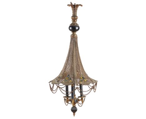 CONTINENTAL GILT AND PATINATED METAL 'OTTOMAN' HALL LIGHT EARLY 20TH CENTURY the foliate corona above a pierced trumpet-shape