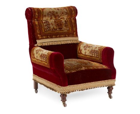 EARLY VICTORIAN CARPET ARMCHAIR 19TH CENTURY the square back with a padded roll toprail over cushioned seat and low arms, cov