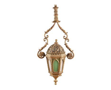 VENETIAN GILTWOOD LANTERN 19TH CENTURY the pierced domed top above hexagonal arched panel sides with coloured glass panels, s