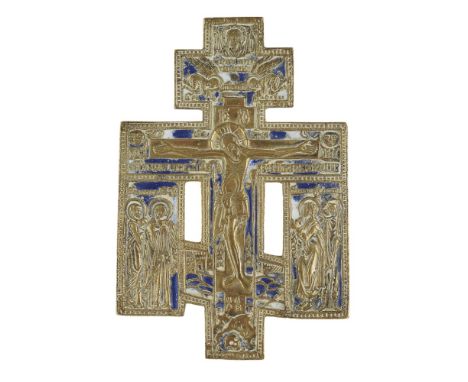 RUSSIAN ORTHODOX BRASS AND ENAMEL CRUCIFIX 19TH CENTURY depicting Christ on the cross above a skull and flanked by angels, wi