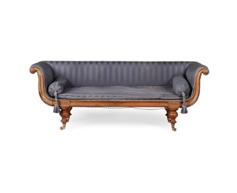 WILLIAM IV MAHOGANY SOFA EARLY 19TH CENTURY the low back and high scrolled arms over cushion seat with bolsters, raised on bu