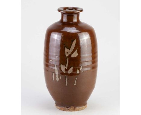 JIM MALONE (born 1946); a stoneware bottle covered in kaki glaze with wax resist decoration, impressed JM and L (for Lessonha