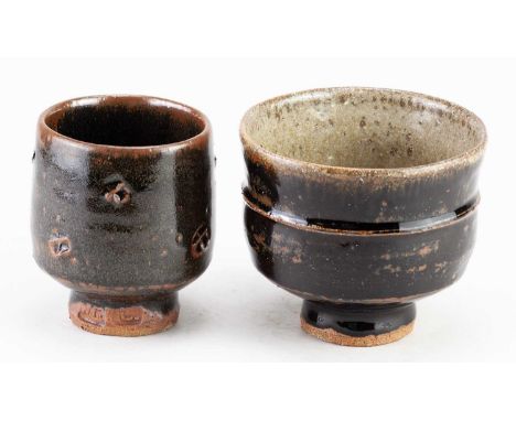 JIM MALONE (born 1946); a stoneware chawan covered in tenmoku breaking to kaki glaze, impressed JM and L (for Lessonhall) mar