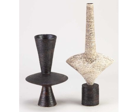 † DAMEON LYNN (born 1972); two stoneware vessels in the manner of Hans Coper comprising a cycladic form on a drum base and a 