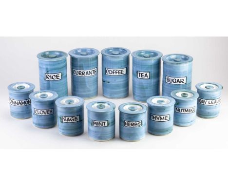 Briglin Pottery; a group of tin glazed earthenware storage jars for tea, coffee, sugar, rice, various herbs and spices etc, p