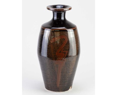 † DAVID LEACH (1911-2005) for Lowerdown Pottery; a tall porcelain shouldered bottle covered in tenmoku glaze with wax resist 