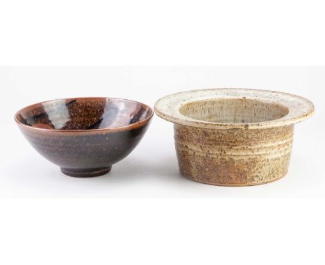 † MICK ARNUP (1925-2008); a stoneware bowl with wide rim covered in oatmeal glaze, painted signature dated 1979, diameter 24c